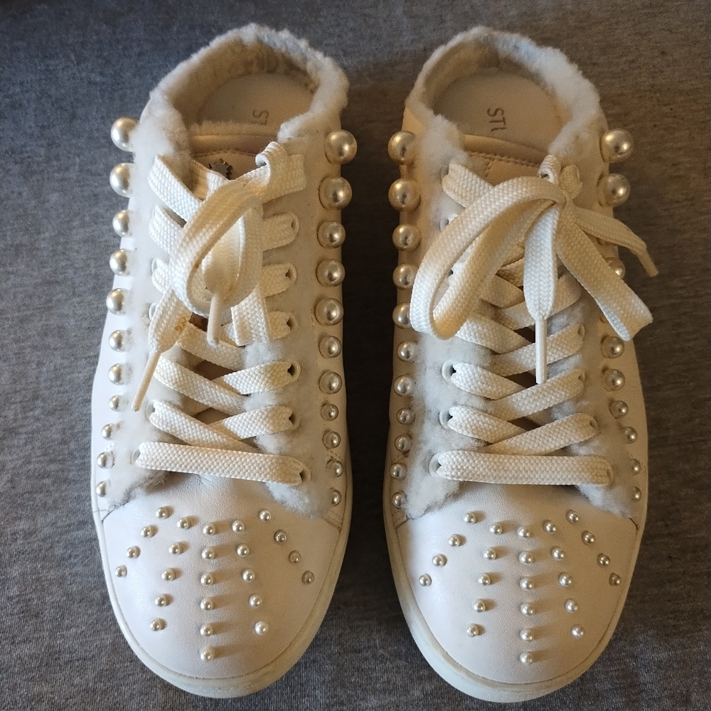 Stuart Weitzman Goldie Chil White Pearl Embellished Sneakers Mules Size 7.5